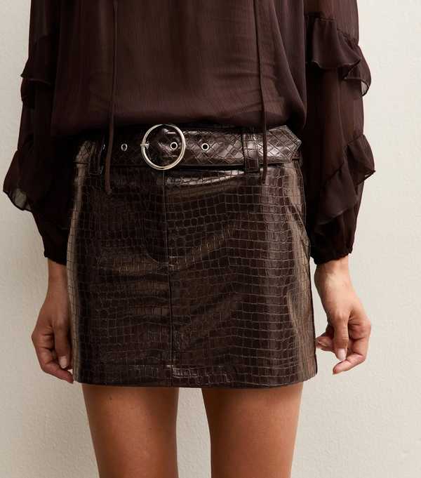 New Look Dark Burgundy Belted Croc Embossed Mini Skirt