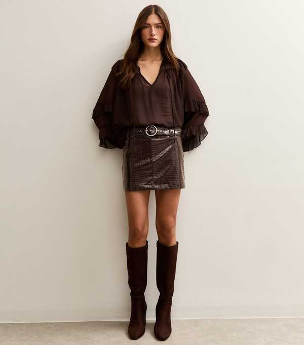 New Look Dark Burgundy Belted Croc Embossed Mini Skirt