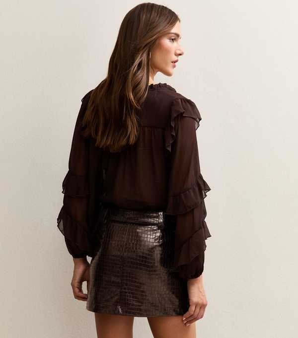 New Look Dark Burgundy Belted Croc Embossed Mini Skirt