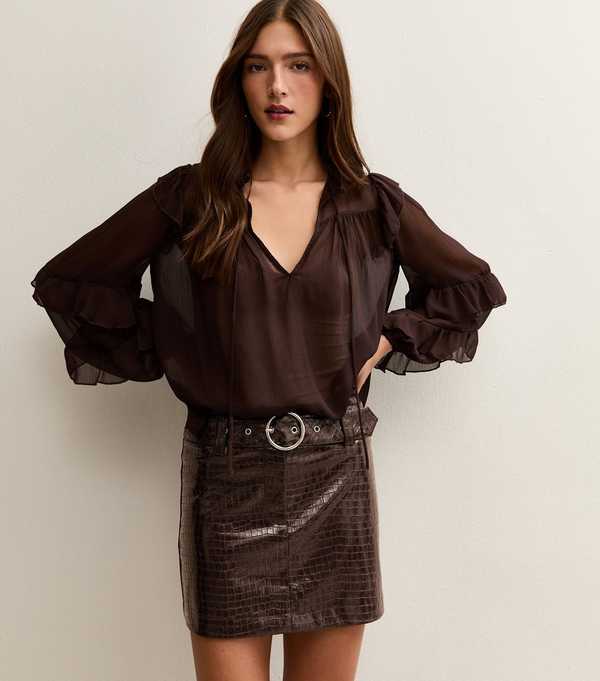 new look Dark Burgundy Belted Croc Embossed Mini Skirt