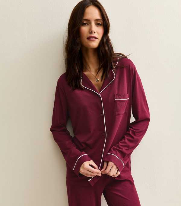 New Look Dark Burgundy Contrast Trim Revere Collar Pyjama Set