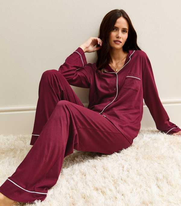 New Look Dark Burgundy Contrast Trim Revere Collar Pyjama Set