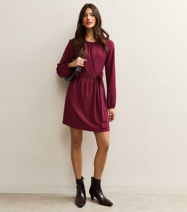New Look Dark Burgundy Crinkled Jersey Belted Mini Dress