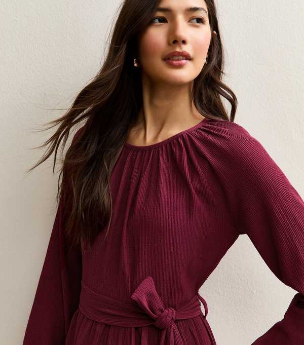 New Look Dark Burgundy Crinkled Jersey Belted Mini Dress