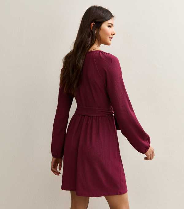 New Look Dark Burgundy Crinkled Jersey Belted Mini Dress