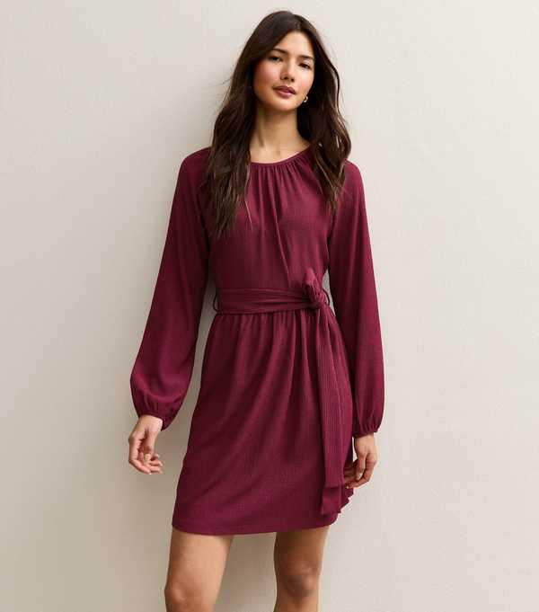 new look Dark Burgundy Crinkled Jersey Belted Mini Dress
