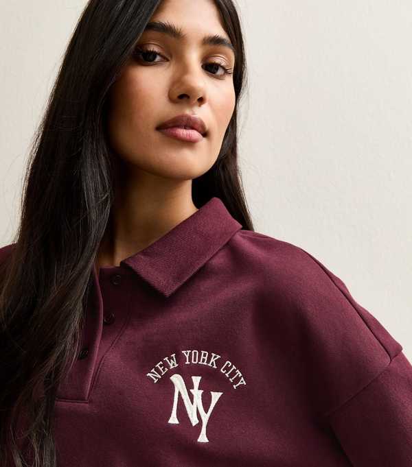 New Look Dark Burgundy Embroidered New York Polo Sweatshirt