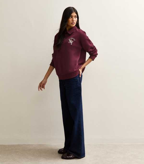 New Look Dark Burgundy Embroidered New York Polo Sweatshirt