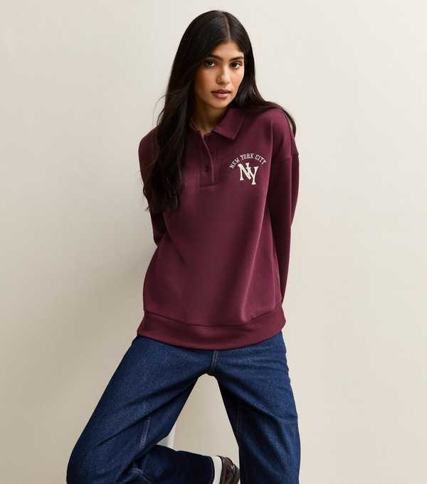 new look Dark Burgundy Embroidered New York Polo Sweatshirt