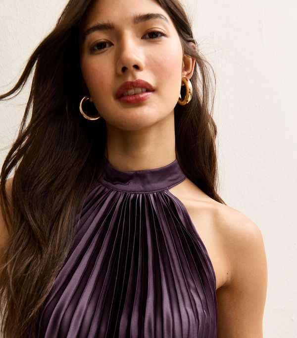 New Look Dark Burgundy Pleated Halterneck Mini Dress