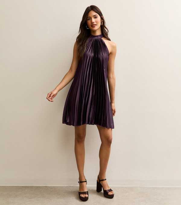 New Look Dark Burgundy Pleated Halterneck Mini Dress