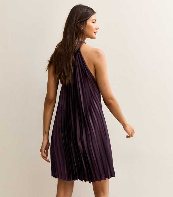 New Look Dark Burgundy Pleated Halterneck Mini Dress