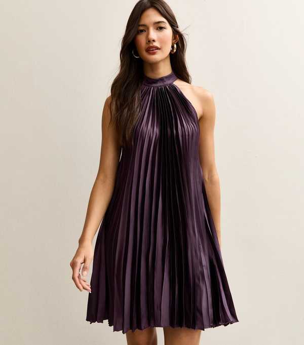 new look Dark Burgundy Pleated Halterneck Mini Dress