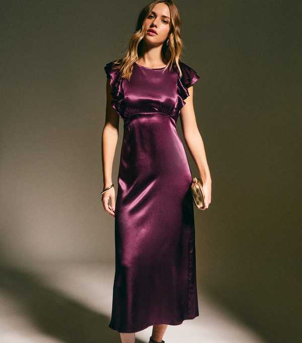 New Look Dark Burgundy Satin Ruffled Sleeve Midi Dress