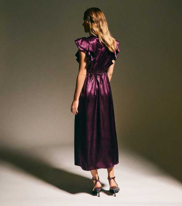 New Look Dark Burgundy Satin Ruffled Sleeve Midi Dress