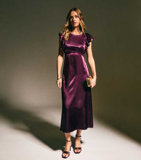 new look Dark Burgundy Satin Ruffled Sleeve Midi Dress