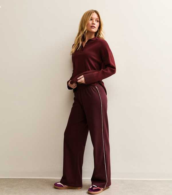 New Look Dark Burgundy Side Stripe Wide Leg Joggers