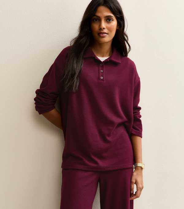 New Look Dark Burgundy Soft Touch Longline Button Up Polo Top