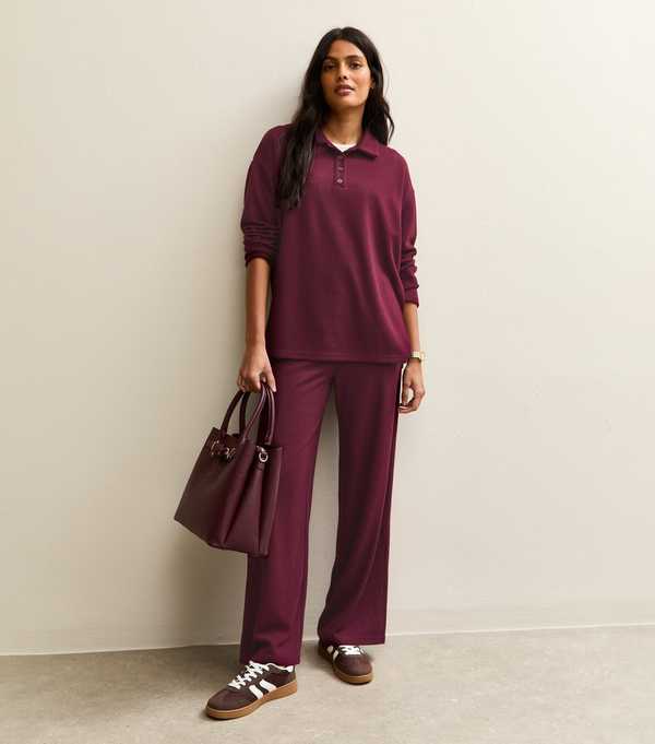 New Look Dark Burgundy Soft Touch Longline Button Up Polo Top
