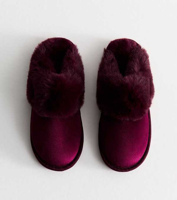 new look Dark Burgundy Velvet Faux Fur Trim Slippers