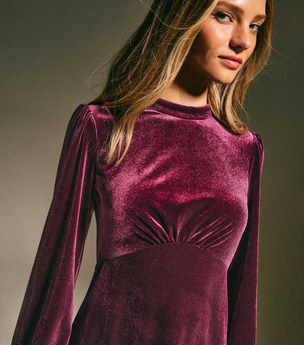 New Look Dark Burgundy Velvet Long Sleeve Mini Dress