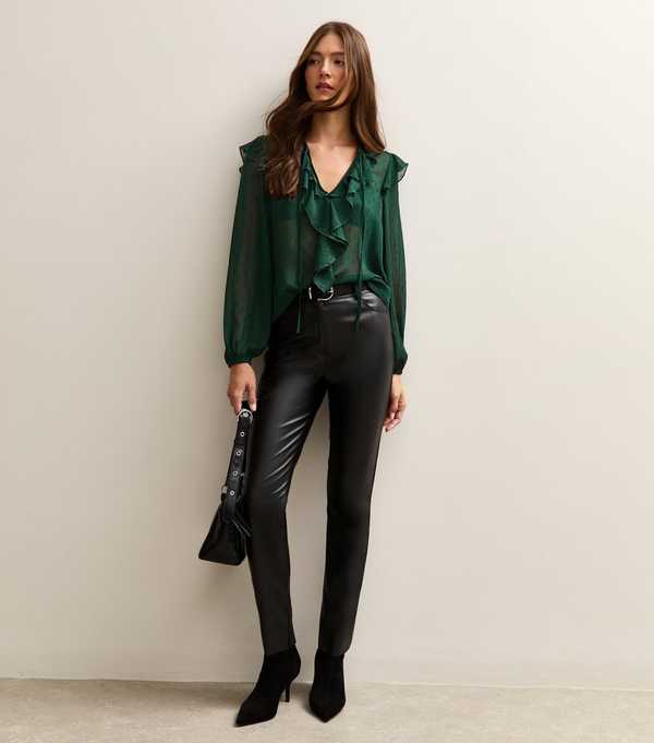 New Look Dark Green Metallic Spot Frilly Trimmed Blouse