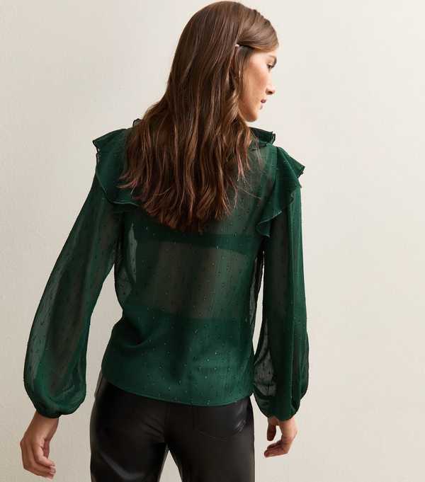 New Look Dark Green Metallic Spot Frilly Trimmed Blouse