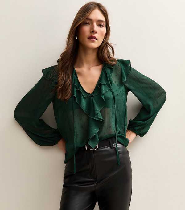 new look Dark Green Metallic Spot Frilly Trimmed Blouse