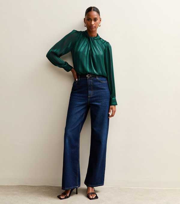 New Look Dark Green Metallic Stripe High Neck Blouse