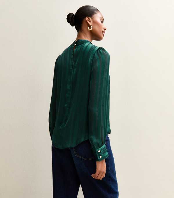 New Look Dark Green Metallic Stripe High Neck Blouse
