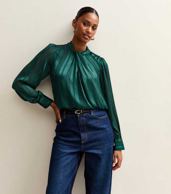 New Look Dark Green Metallic Stripe High Neck Blouse