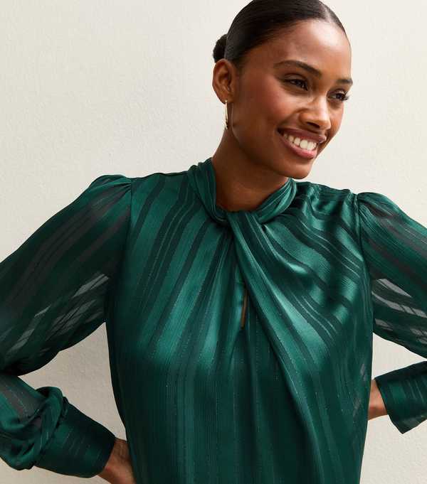 new look Dark Green Metallic Stripe High Neck Blouse
