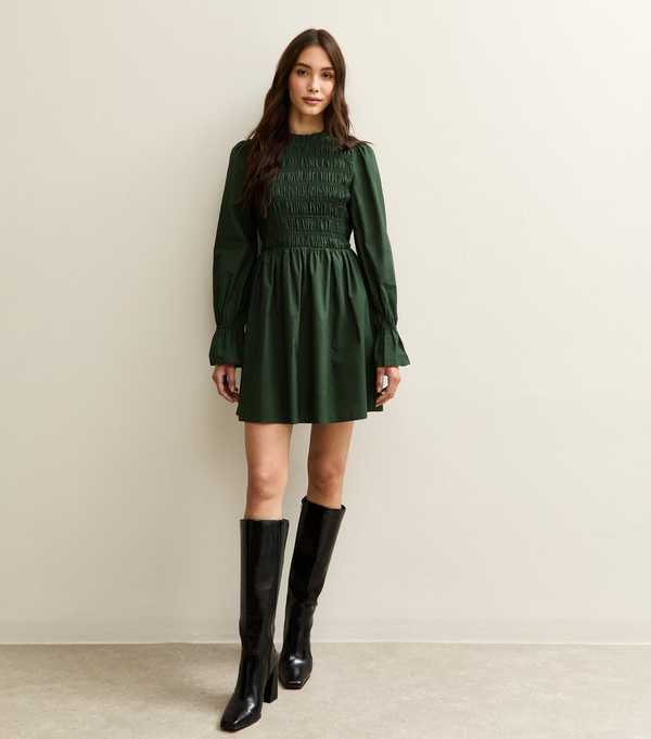 New Look Dark Green Shirred Bodice Long Sleeve A-line Mini Dress