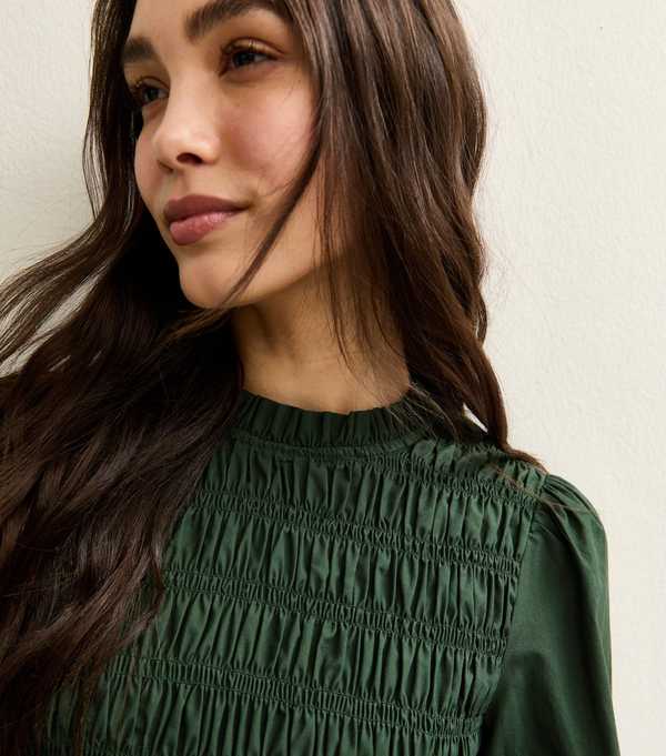 New Look Dark Green Shirred Bodice Long Sleeve A-line Mini Dress