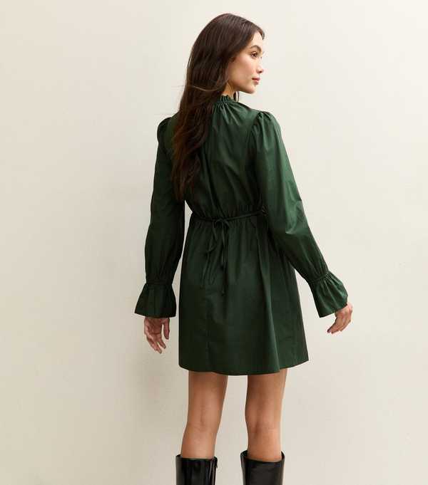 New Look Dark Green Shirred Bodice Long Sleeve A-line Mini Dress