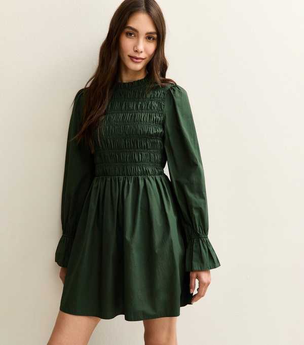 new look Dark Green Shirred Bodice Long Sleeve A-line Mini Dress