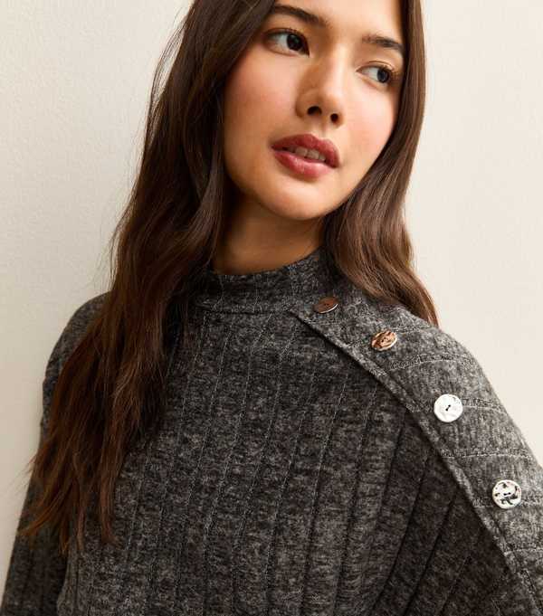 New Look Dark Grey Rib Buttoned Shoulder Mini Dress