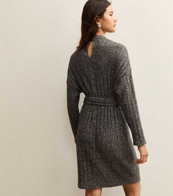 New Look Dark Grey Rib Buttoned Shoulder Mini Dress