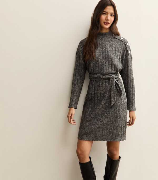 new look Dark Grey Rib Buttoned Shoulder Mini Dress