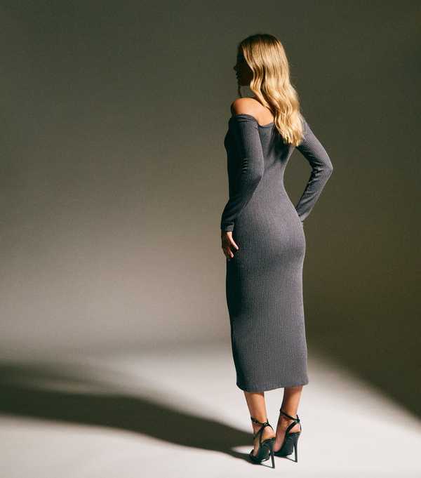New Look Dark Grey Textured Off The Shoulder Midi Dress