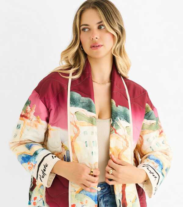 New Look Gini London Light Burgundy Water Print Lightweight Quilted Jacket