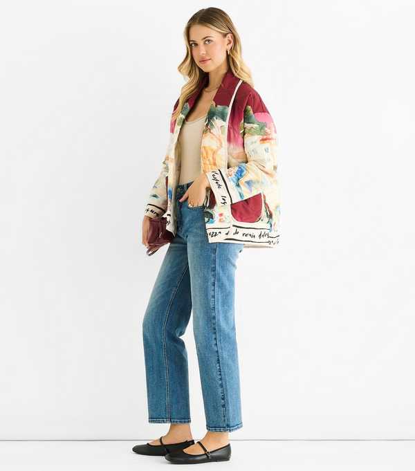 New Look Gini London Light Burgundy Water Print Lightweight Quilted Jacket