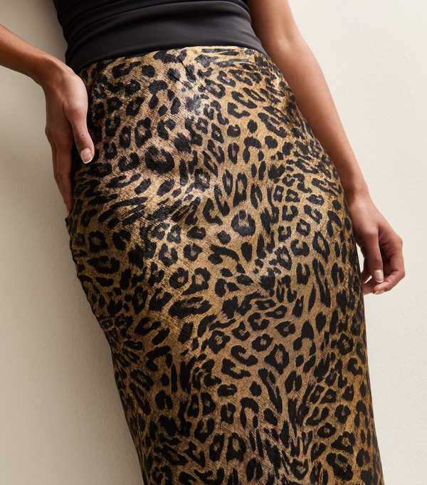 New Look Gold Animal Print Satin Bias Cut Midi Skirt