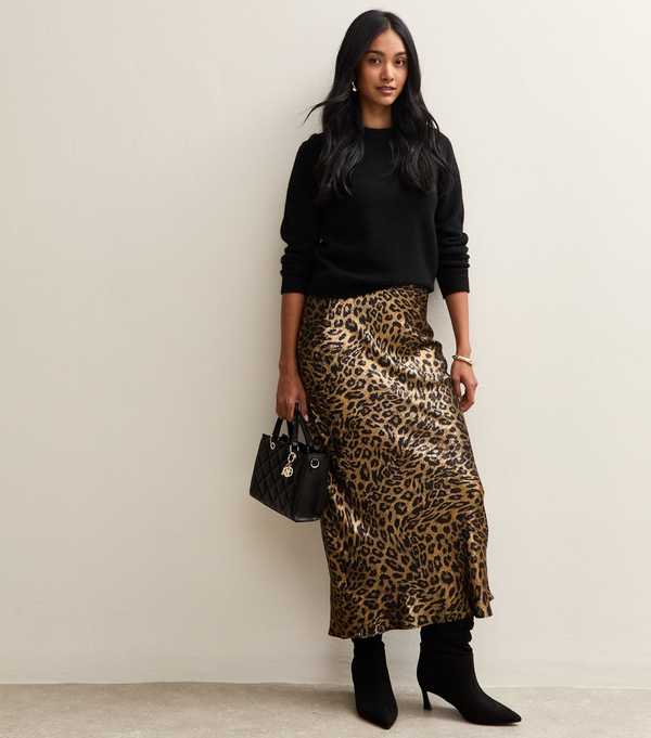 New Look Gold Animal Print Satin Bias Cut Midi Skirt