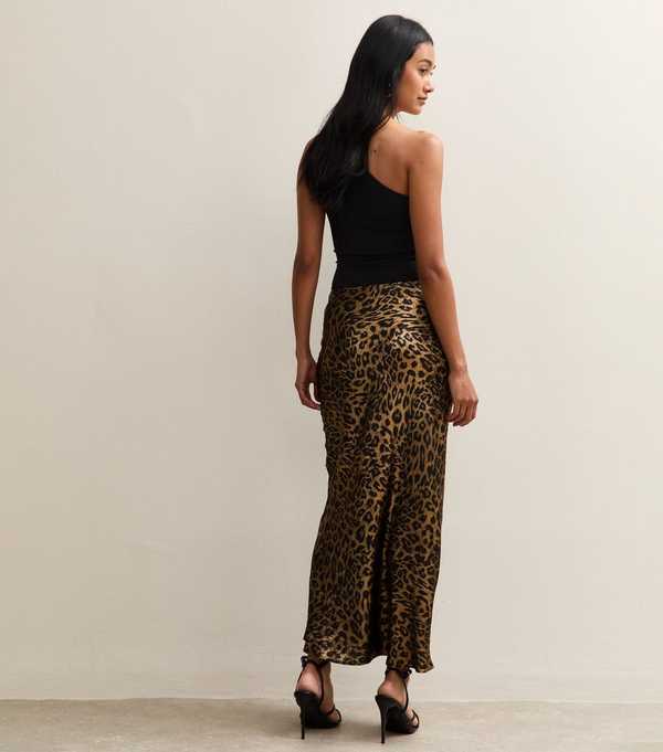 New Look Gold Animal Print Satin Bias Cut Midi Skirt