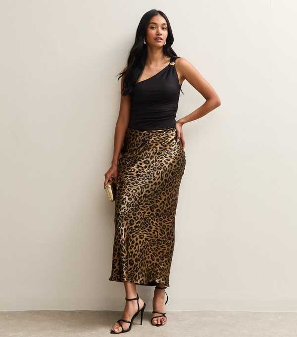 new look Gold Animal Print Satin Bias Cut Midi Skirt