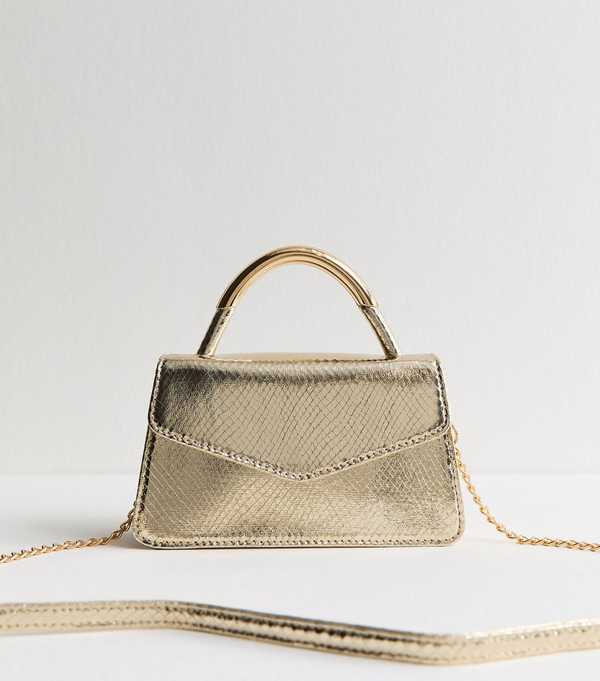 New Look Gold Lizard Effect Faux Leather Top Handle Bag