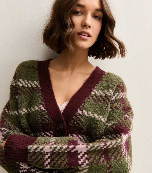 New Look Green Check Pattern Knitted Boyfriend Cardigan