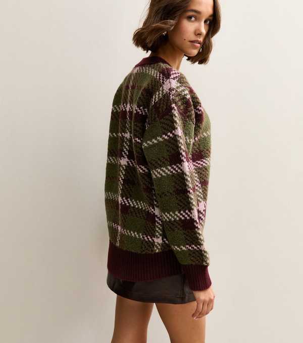 New Look Green Check Pattern Knitted Boyfriend Cardigan