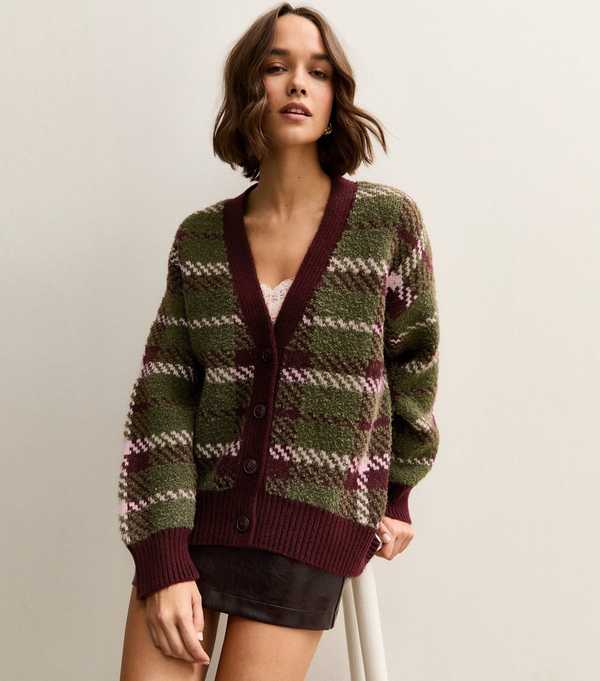 new look Green Check Pattern Knitted Boyfriend Cardigan